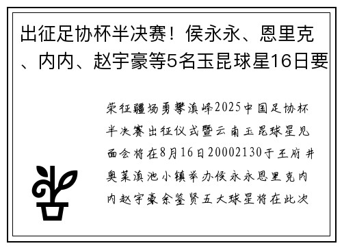 出征足协杯半决赛！侯永永、恩里克、内内、赵宇豪等5名玉昆球星16日要来昆明